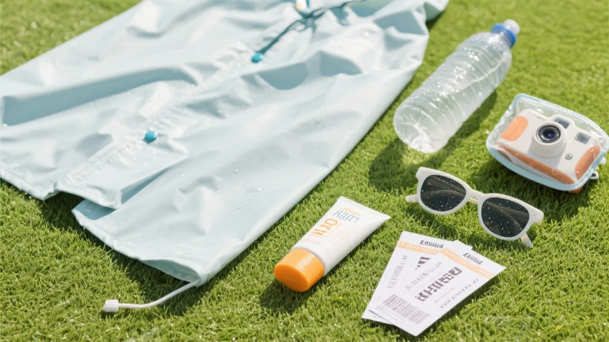 世界杯夏季观赛装备平铺：防晒、雨衣、水和相机防护