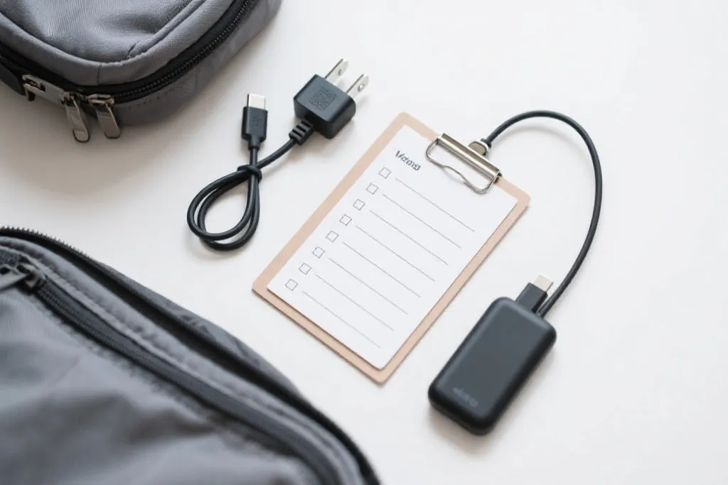 世界杯旅行打包清单风格的桌面平铺，包含转换插头、充电线、移动电源等